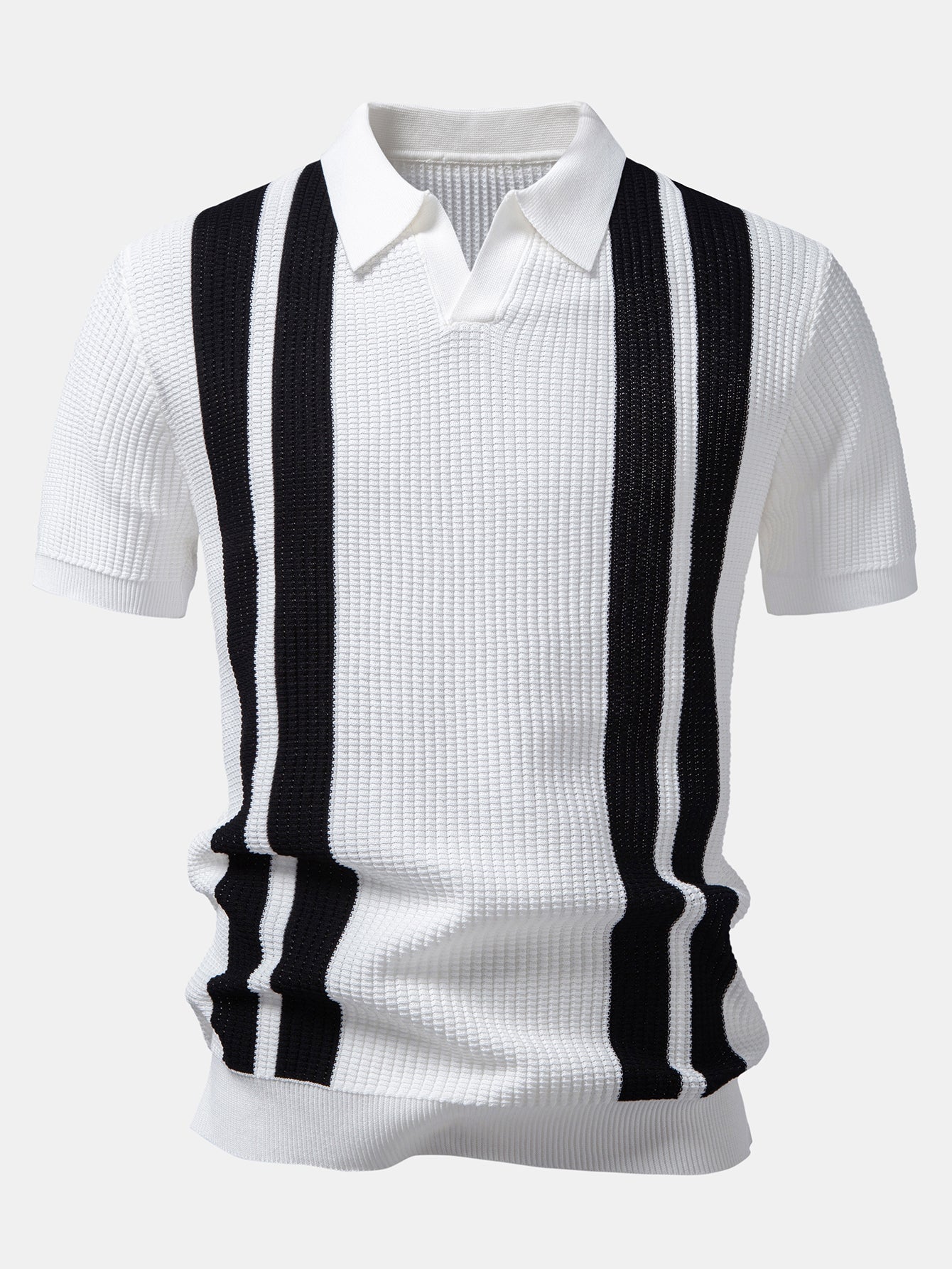 Three quarter view of man in white striped knit polo and waffle drawstring pants on plain background
