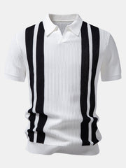 Three quarter view of man in white striped knit polo and waffle drawstring pants on plain background