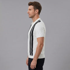 Back view of man wearing white striped knit slim fit polo shirt