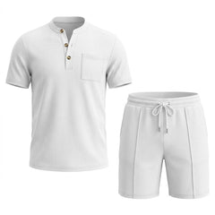 Waffle Stand Collar Shirt & Drawstring Shorts Set – Summer Outfit