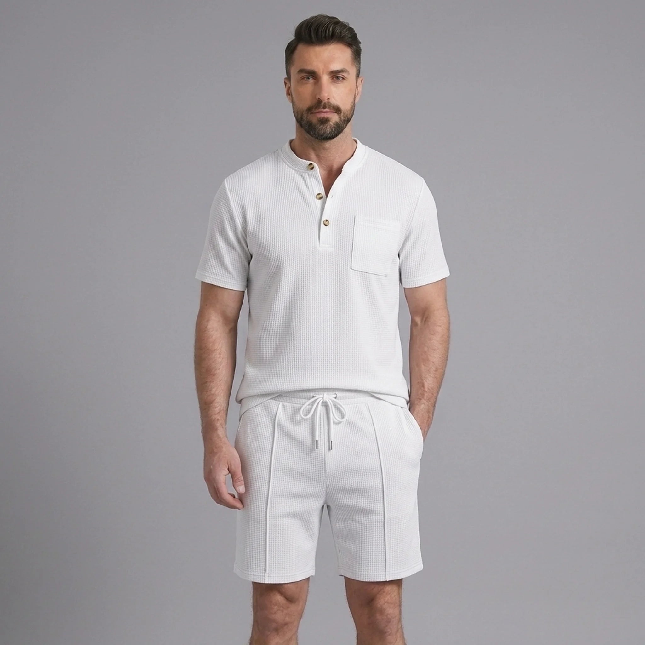 Man wearing a white waffle stand collar button up shirt and drawstring shorts front view