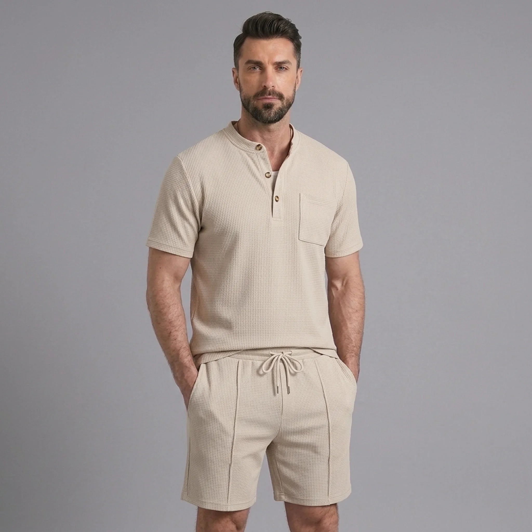 Man in white waffle stand collar shirt and drawstring shorts in sunny outdoor scene