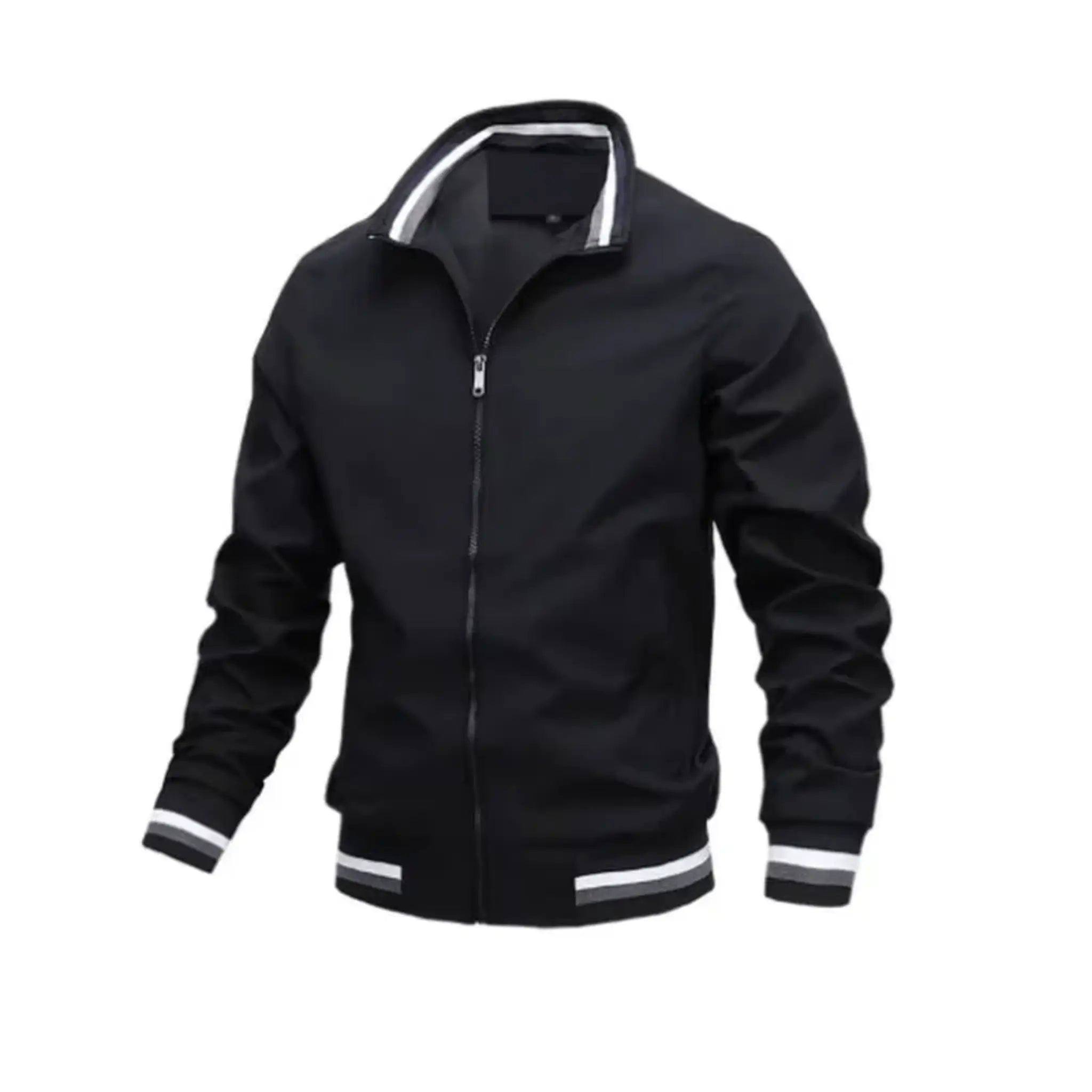 Black jacket with white trim on a white background