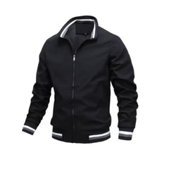 Black jacket with white trim on a white background