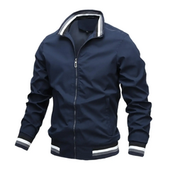 A men's navy blue zip-up jacket with a stand-up collar, featuring white and gray striped accents on the collar, cuffs, and hem, displayed on a solid white background.