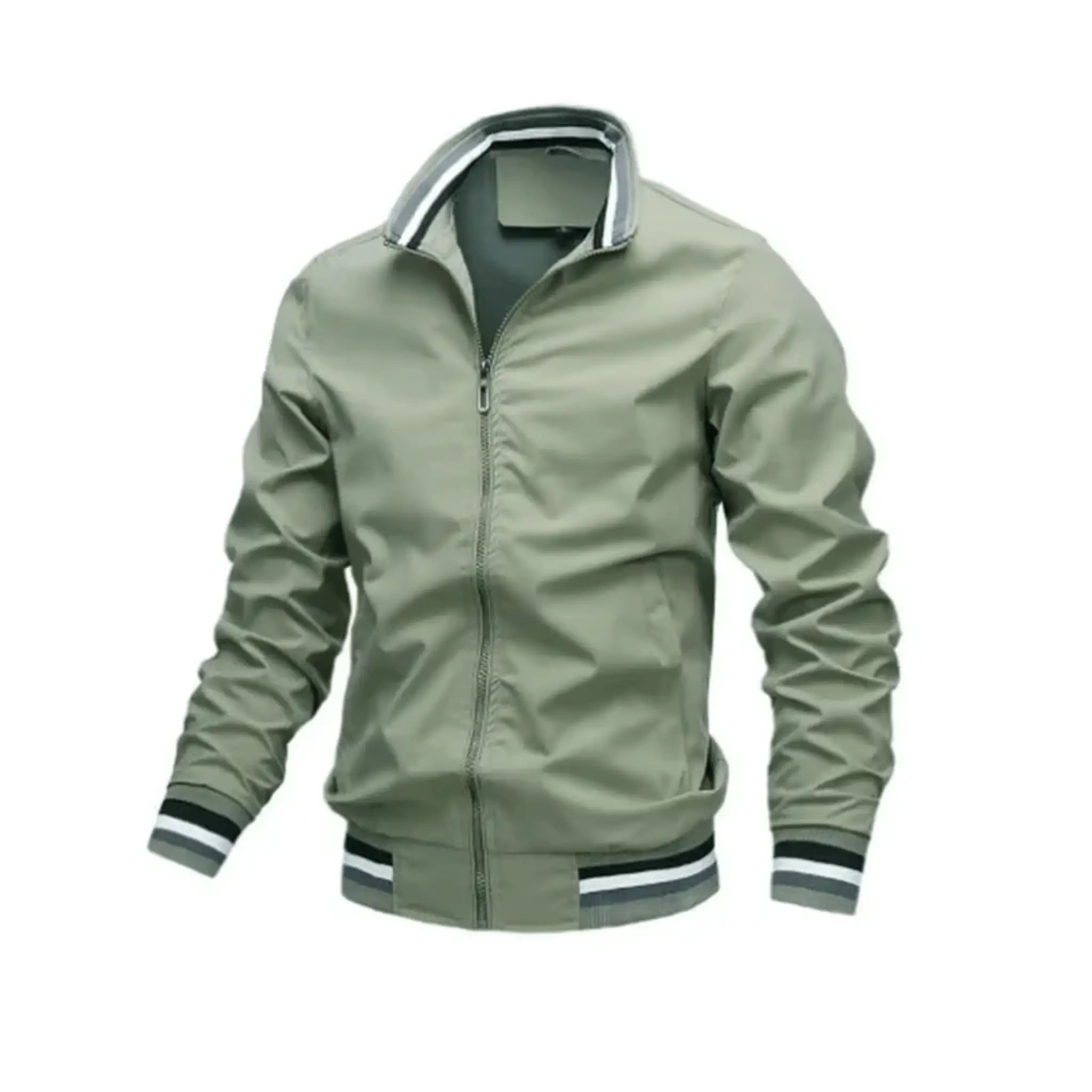 An olive green men's zip-up bomber jacket with striped ribbed cuffs and hem, shown on a plain white background.