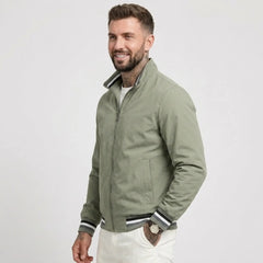 Man wearing MannerCo green waterproof windbreaker jacket with stand collar, side view