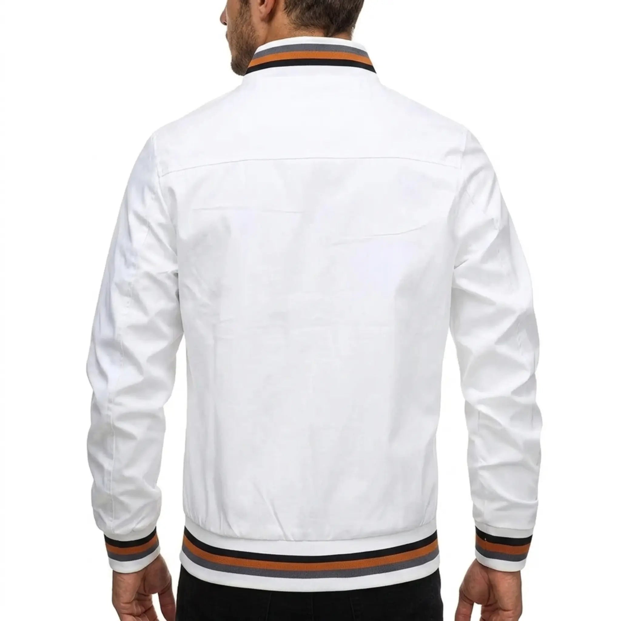 MannerCo white waterproof windbreaker jacket back view with striped collar and cuffs