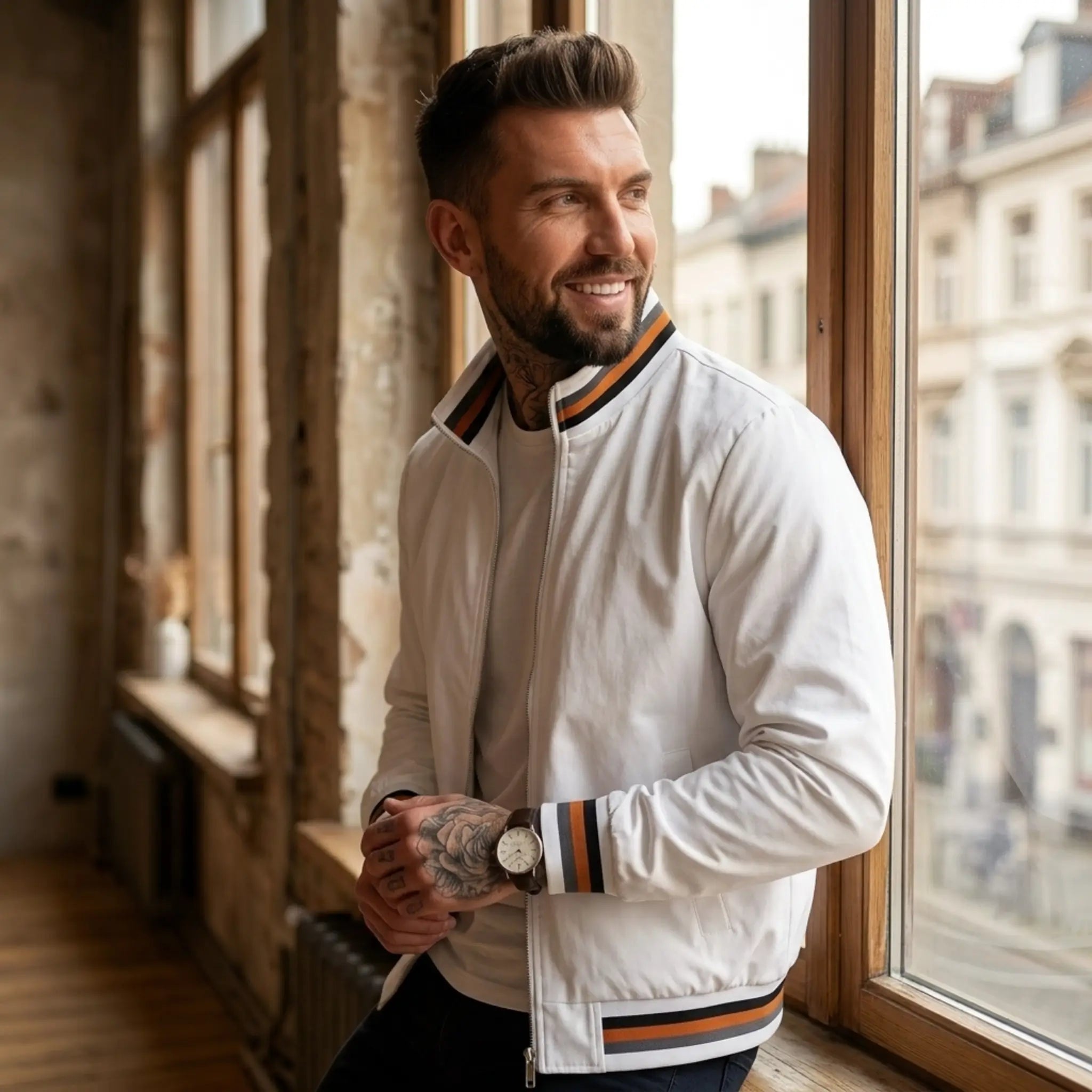 Man wearing MannerCo white waterproof windbreaker jacket in lifestyle setting