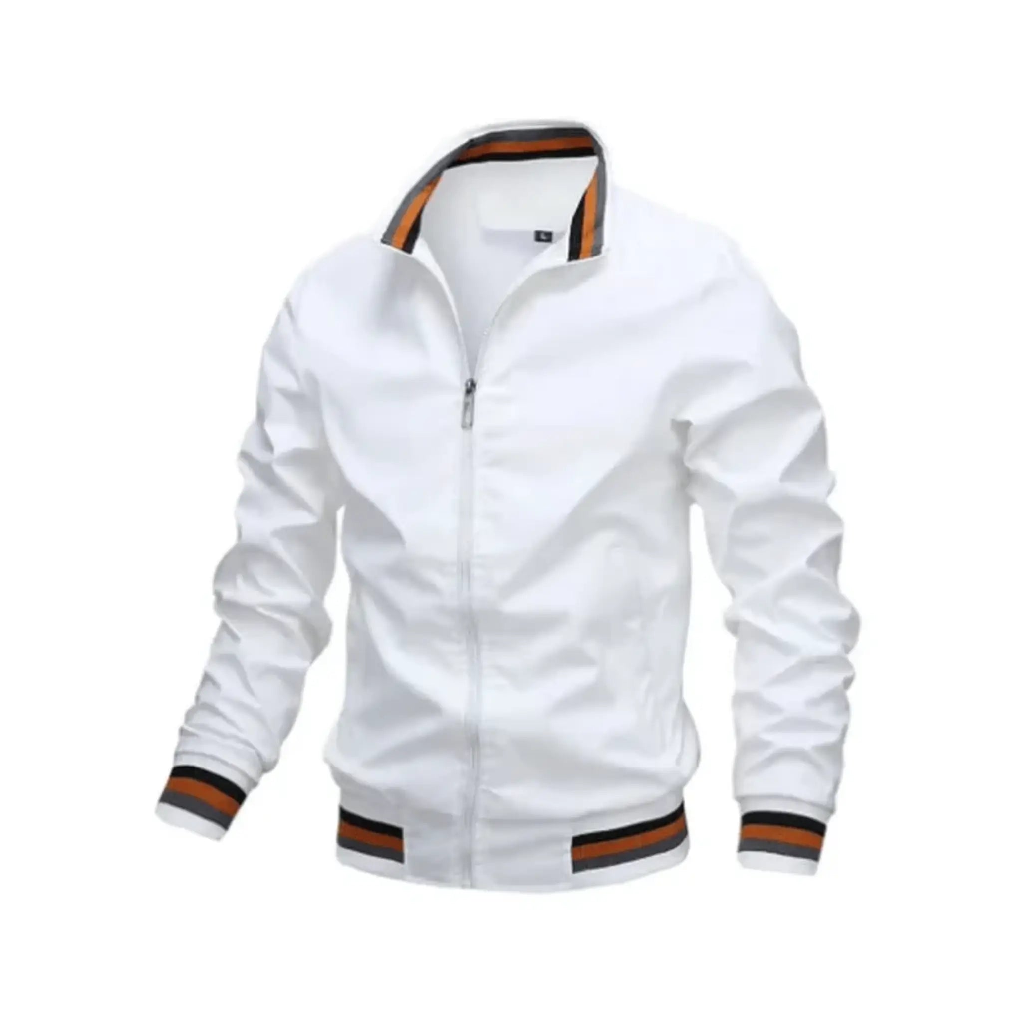 White jacket with orange and black accents on a white background