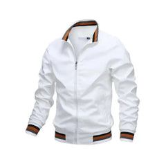 White jacket with orange and black accents on a white background