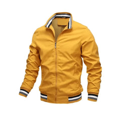 Yellow jacket with black and white striped cuffs on a white background
