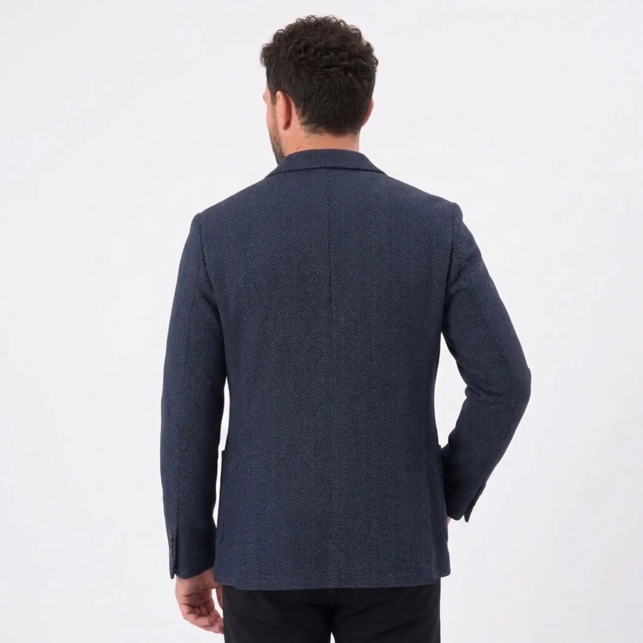 MannerCo dark blue woolen blazer back view on male model