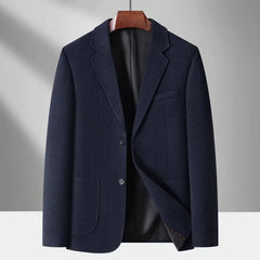 MannerCo dark blue woolen blazer two-button loose fit on hanger product display