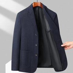 MannerCo dark blue woolen blazer on hanger open front showing black satin lining