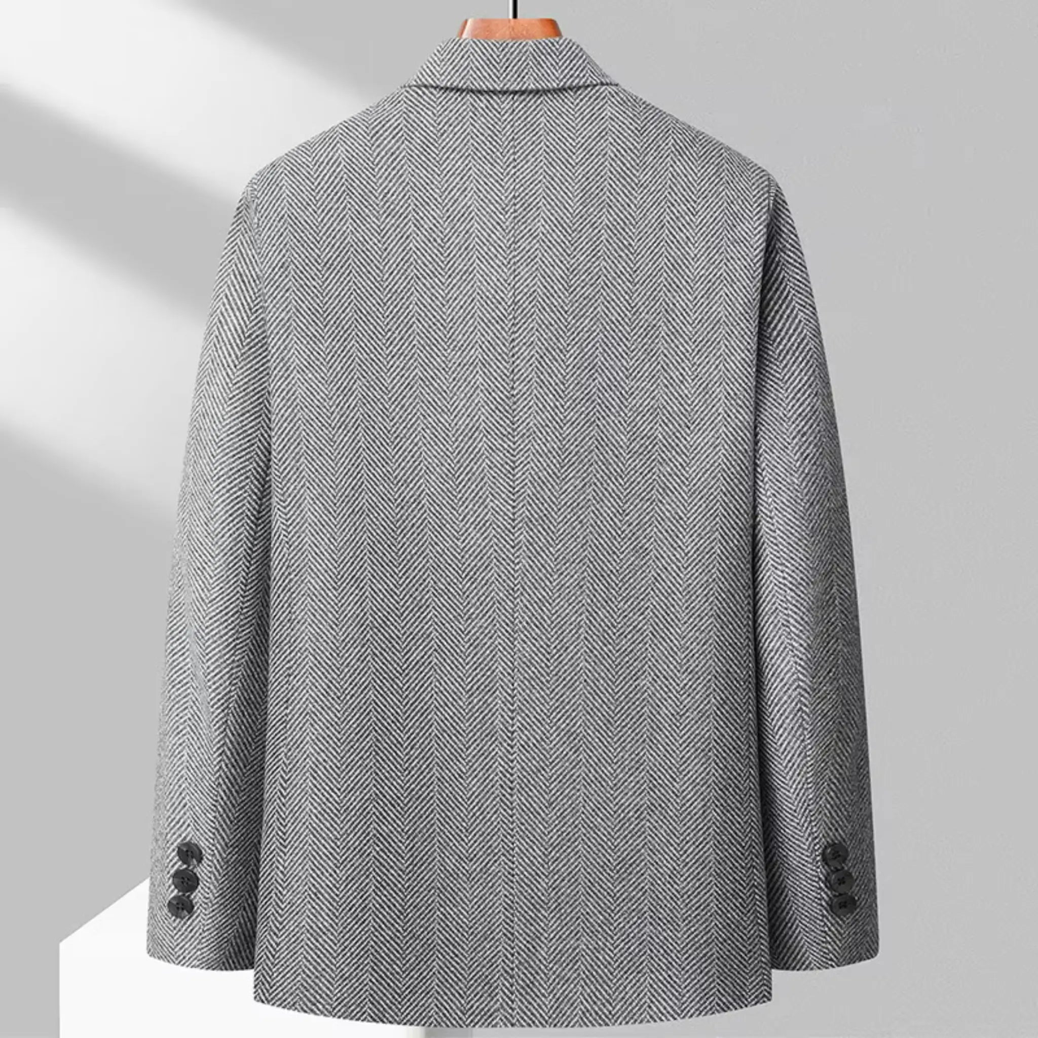 MannerCo gray woolen blazer back view loose fit button cuffs hanger display
