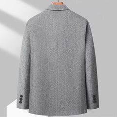 MannerCo gray woolen blazer back view loose fit button cuffs hanger display