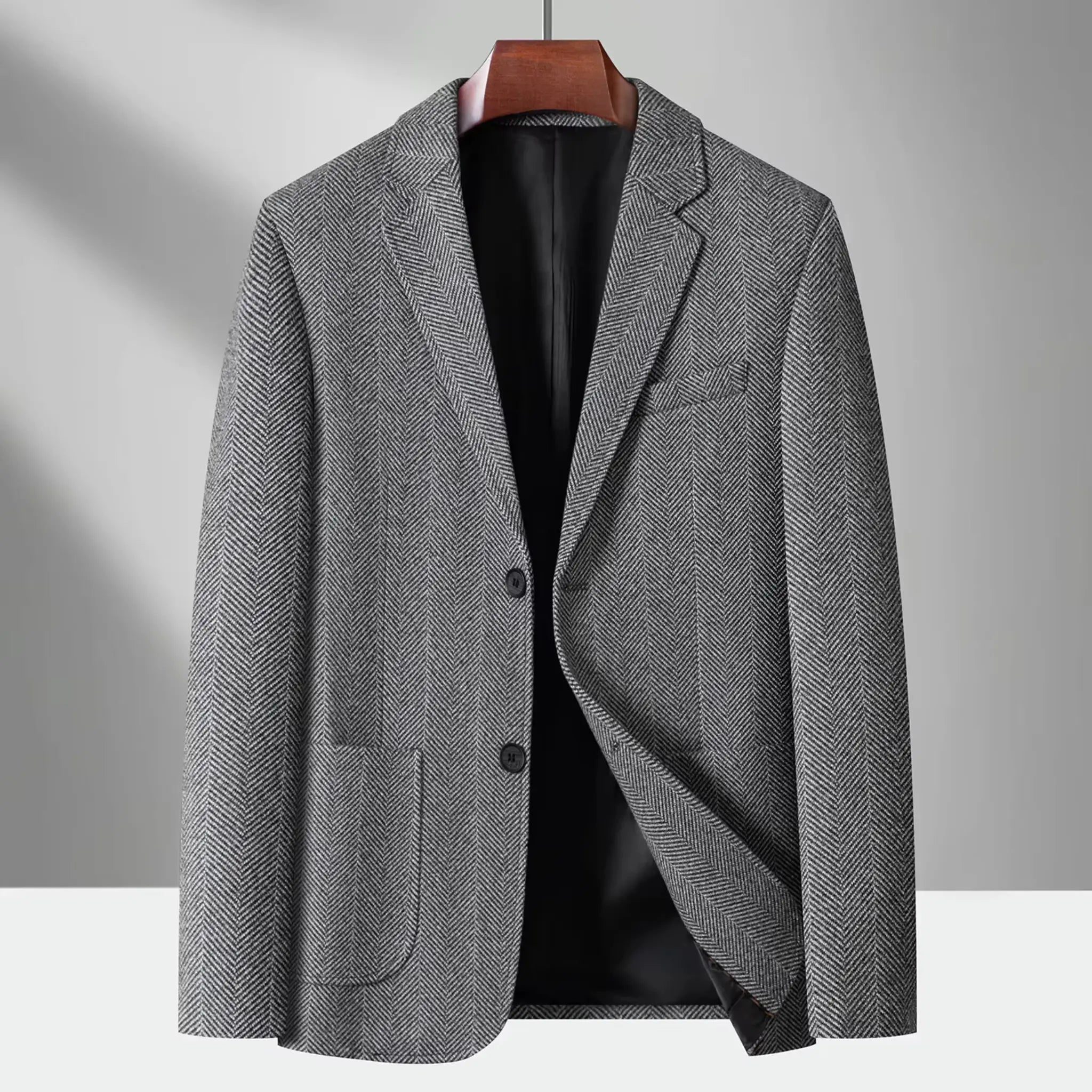 MannerCo gray woolen blazer loose fit black lining on hanger product display