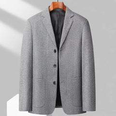 MannerCo gray woolen blazer three-button loose fit sport coat on wooden hanger display