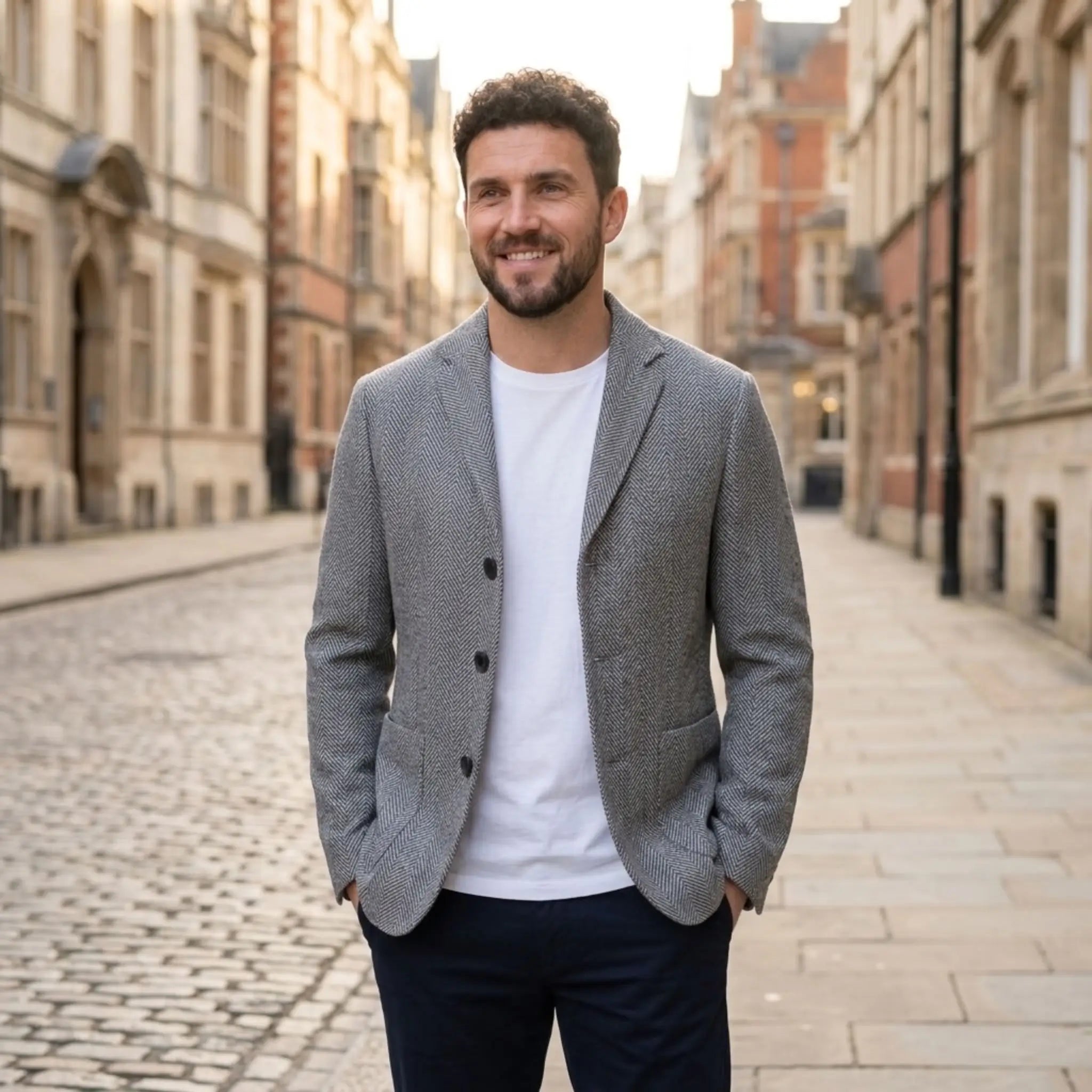 MannerCo gray woolen blazer with white tee and navy trousers on cobblestone street