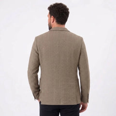 MannerCo woolen blazer in khaki back view showing fit and pattern on male model