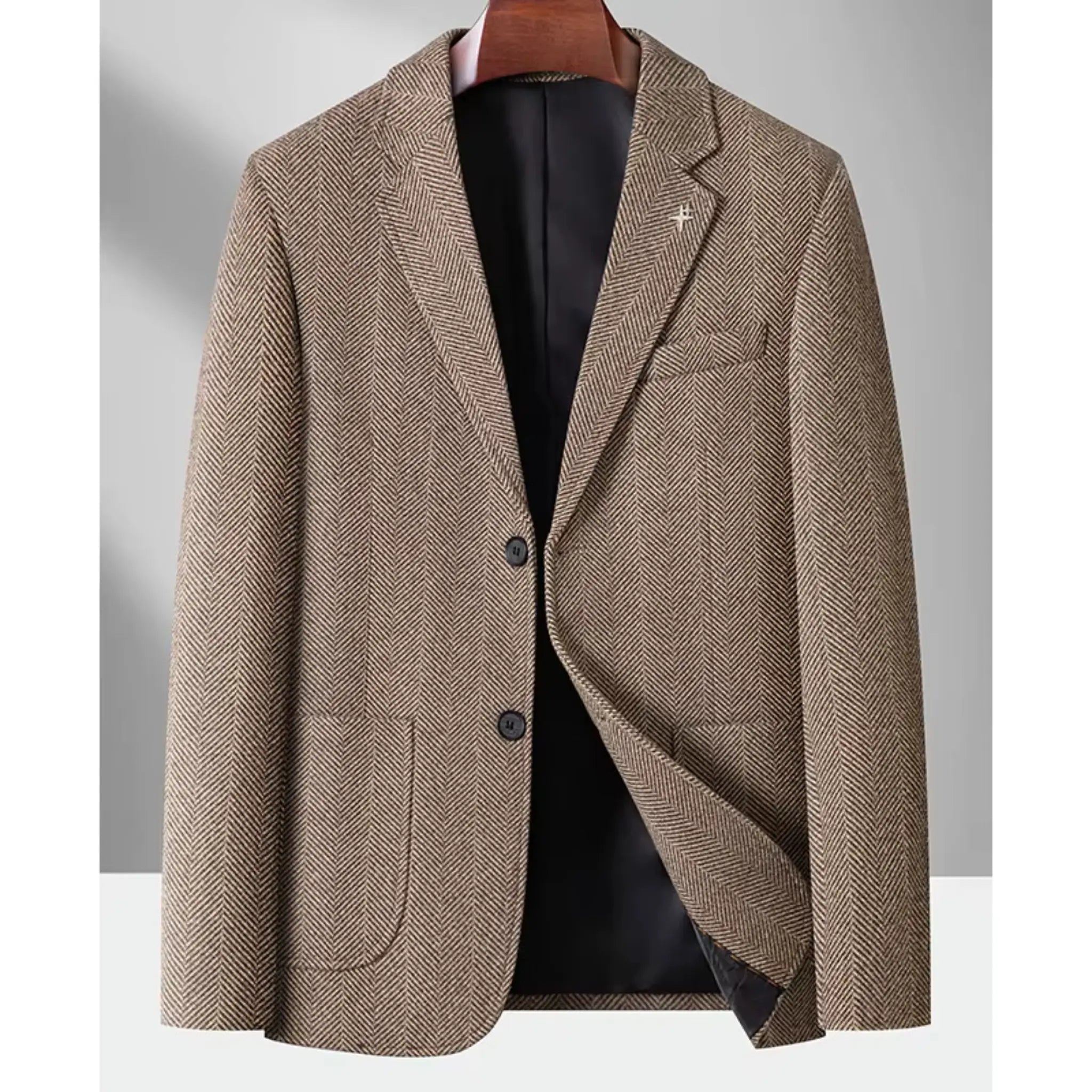 MannerCo khaki woolen blazer two-button loose fit black lining spring autumn sport coat display