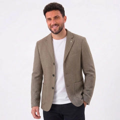 MannerCo khaki woolen blazer two-button loose fit worn with white tee and dark trousers