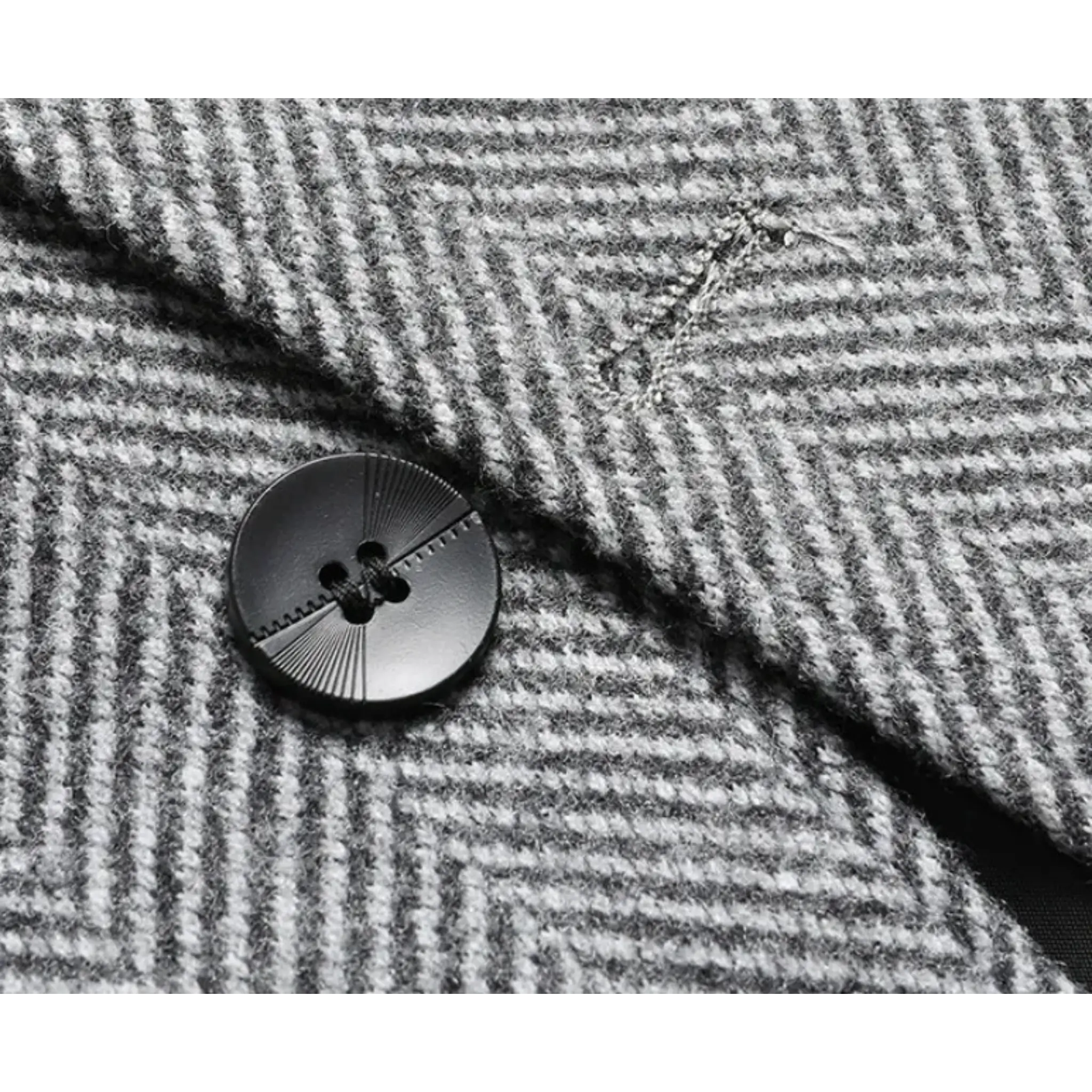 MannerCo gray woolen suit coat close-up detail showing textured fabric and black button
