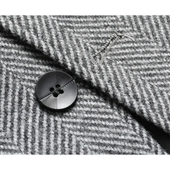 MannerCo gray woolen suit coat close-up detail showing textured fabric and black button