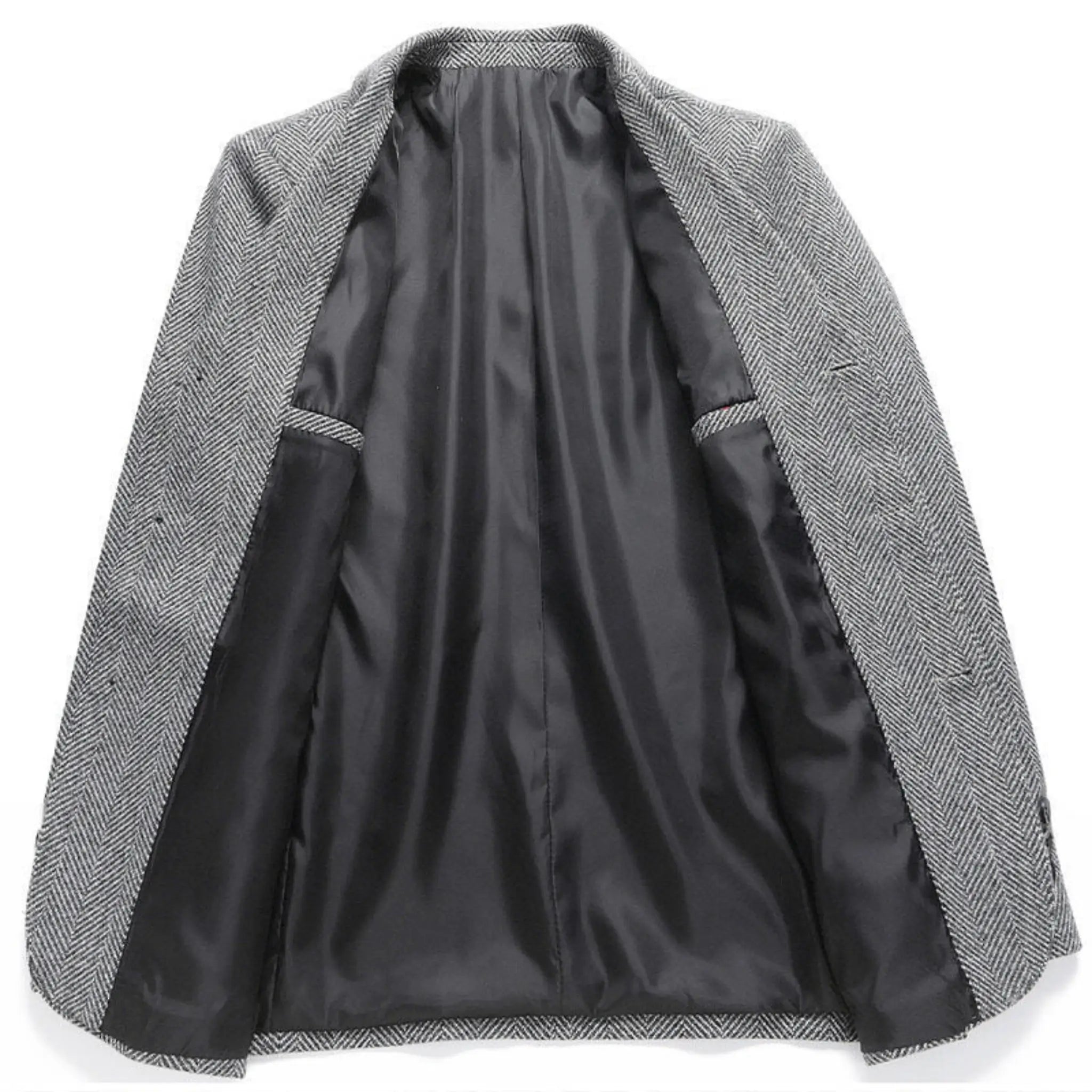 MannerCo gray woolen suit coat open interior lining view product display
