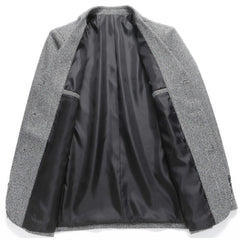 MannerCo gray woolen suit coat open interior lining view product display