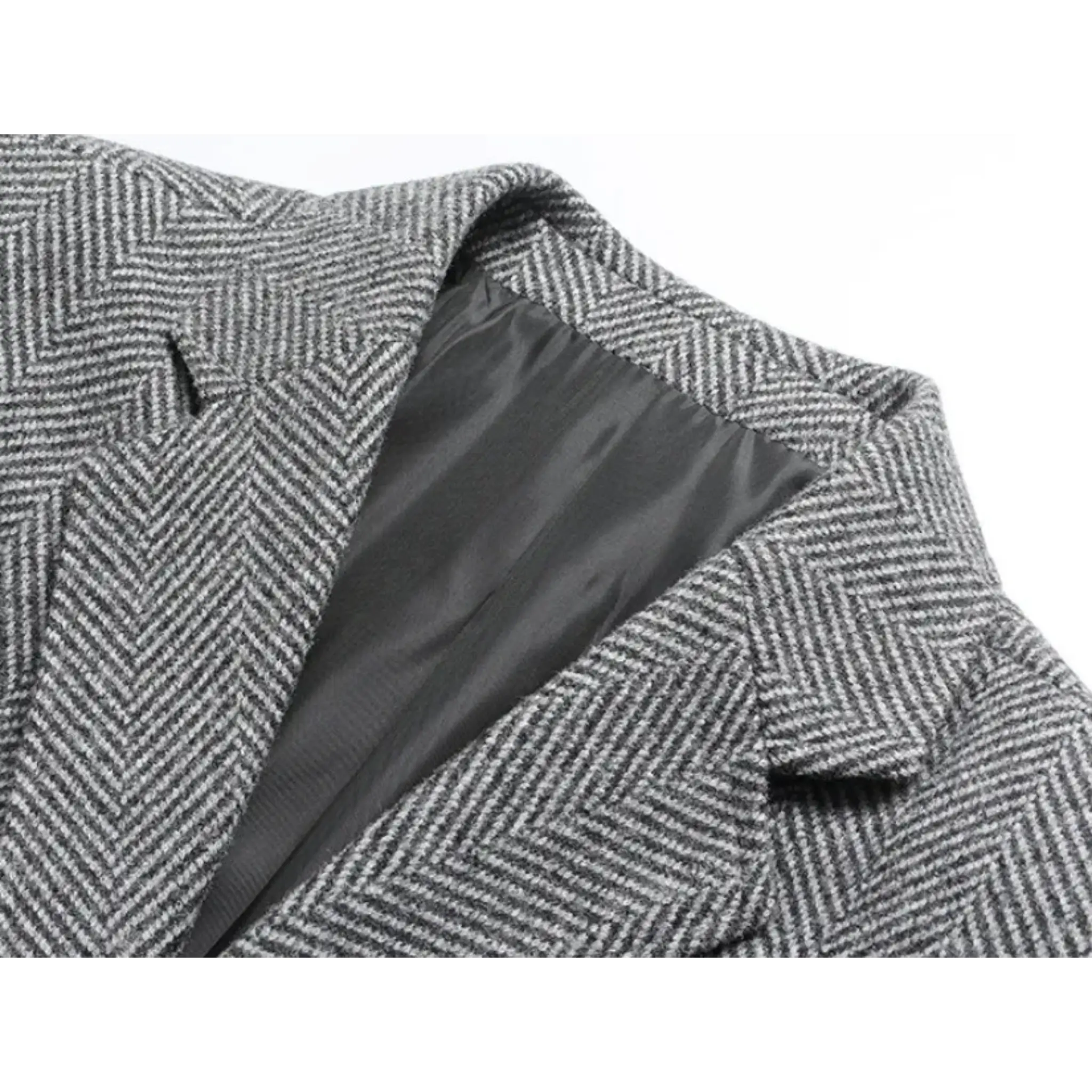 MannerCo gray woolen suit coat detail showing lapel collar and dark satin lining