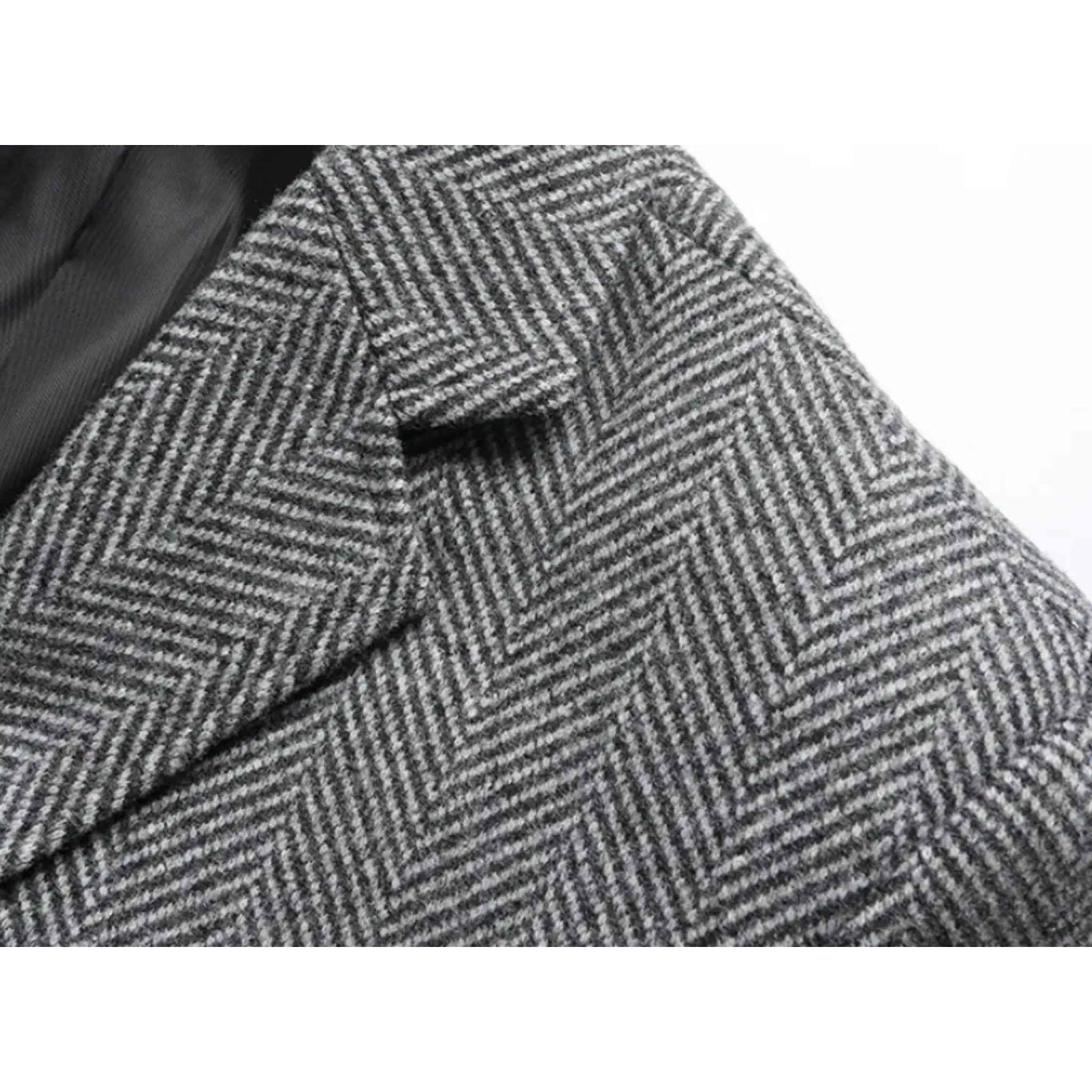 MannerCo gray woolen suit coat lapel and shoulder detail close-up
