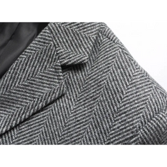 MannerCo gray woolen suit coat lapel and shoulder detail close-up
