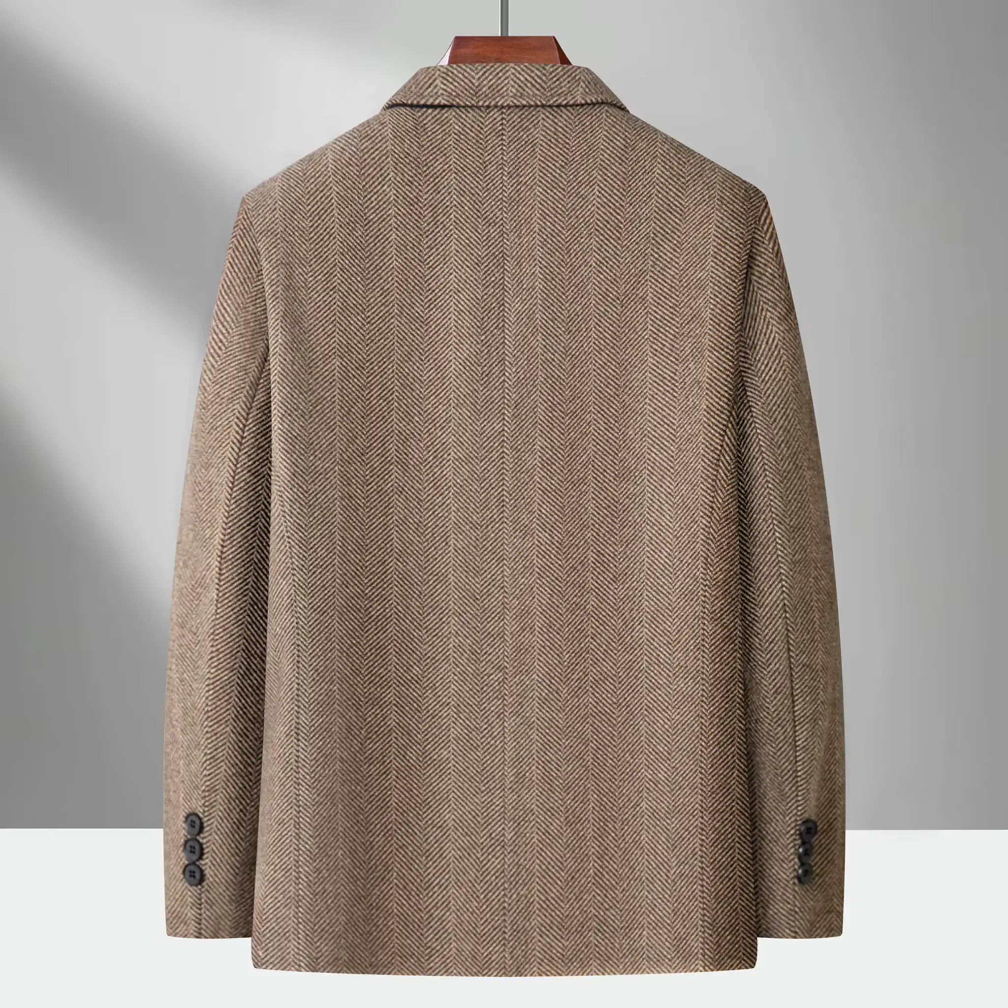 MannerCo khaki woolen suit coat back view on hanger loose fit spring autumn blazer display