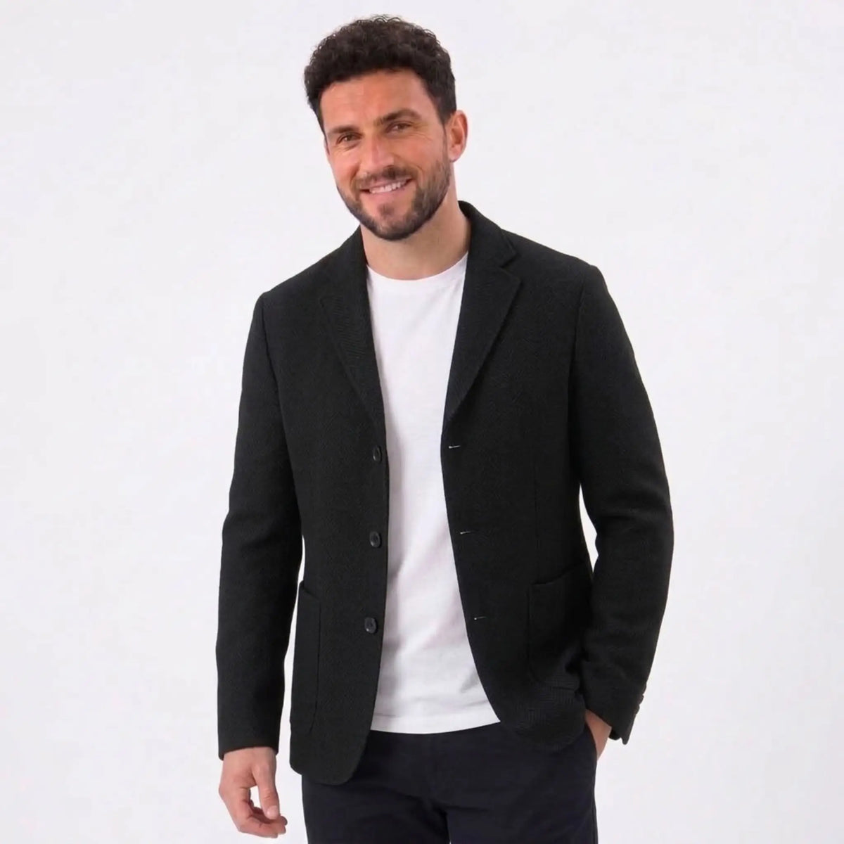 MannerCo black woolen blazer loose fit worn by male model spring autumn suit coat