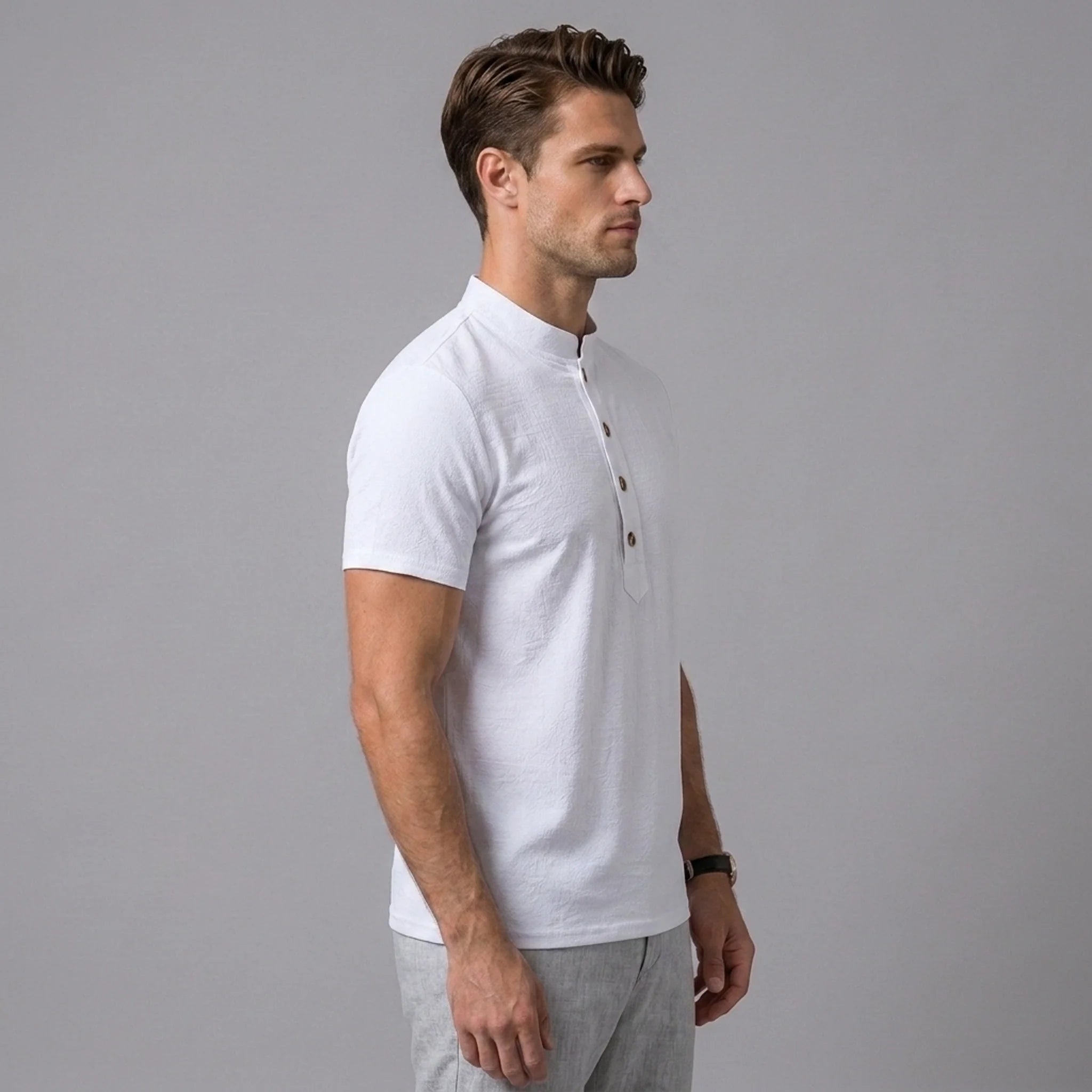 Back view of man wearing yellow linen jacquard short sleeve polo shirt