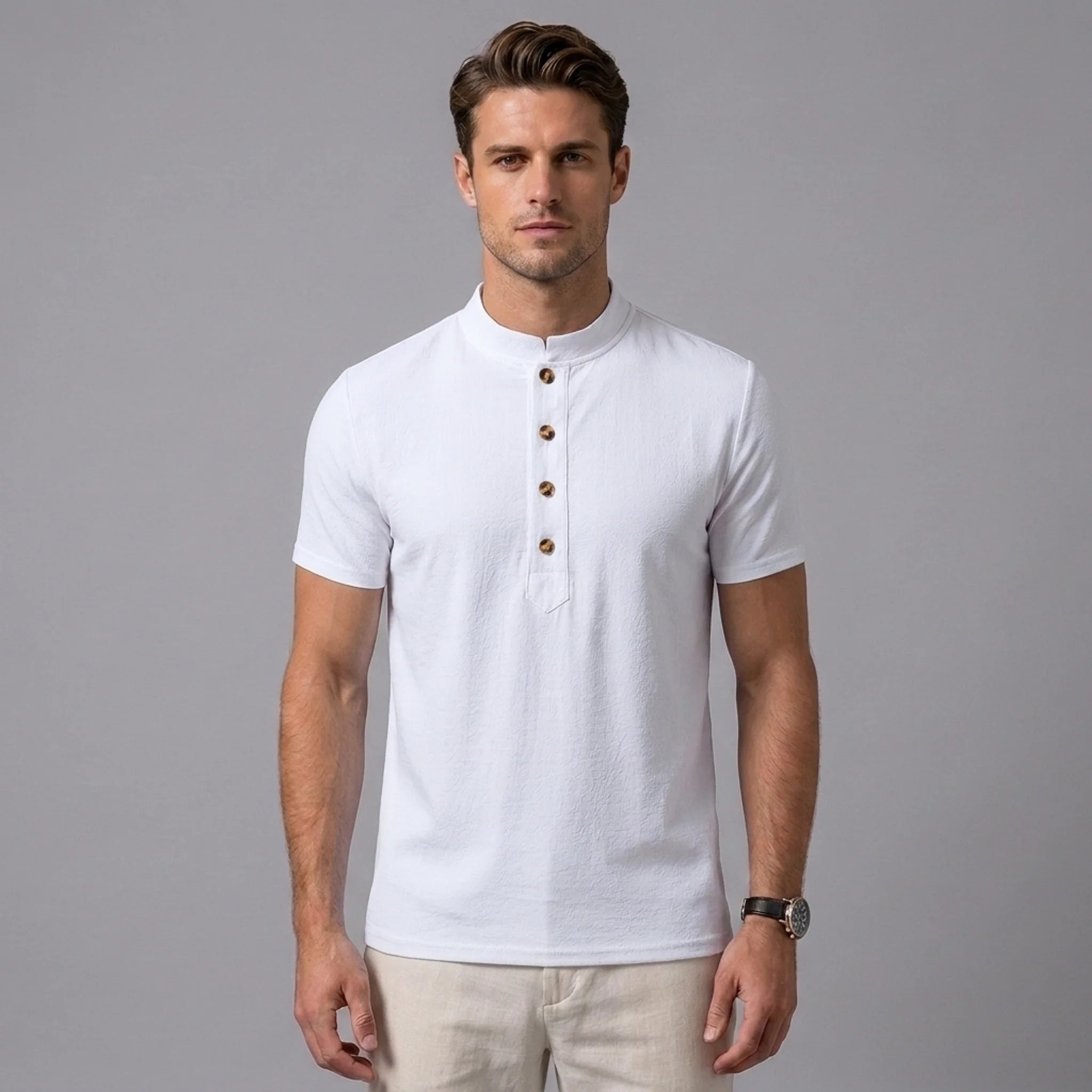 Man wearing a yellow linen jacquard short sleeve polo shirt front view on plain background