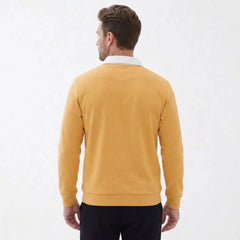 MannerCo yellow polo collar hoodie back view loose fit with ribbed hem and white collar detail