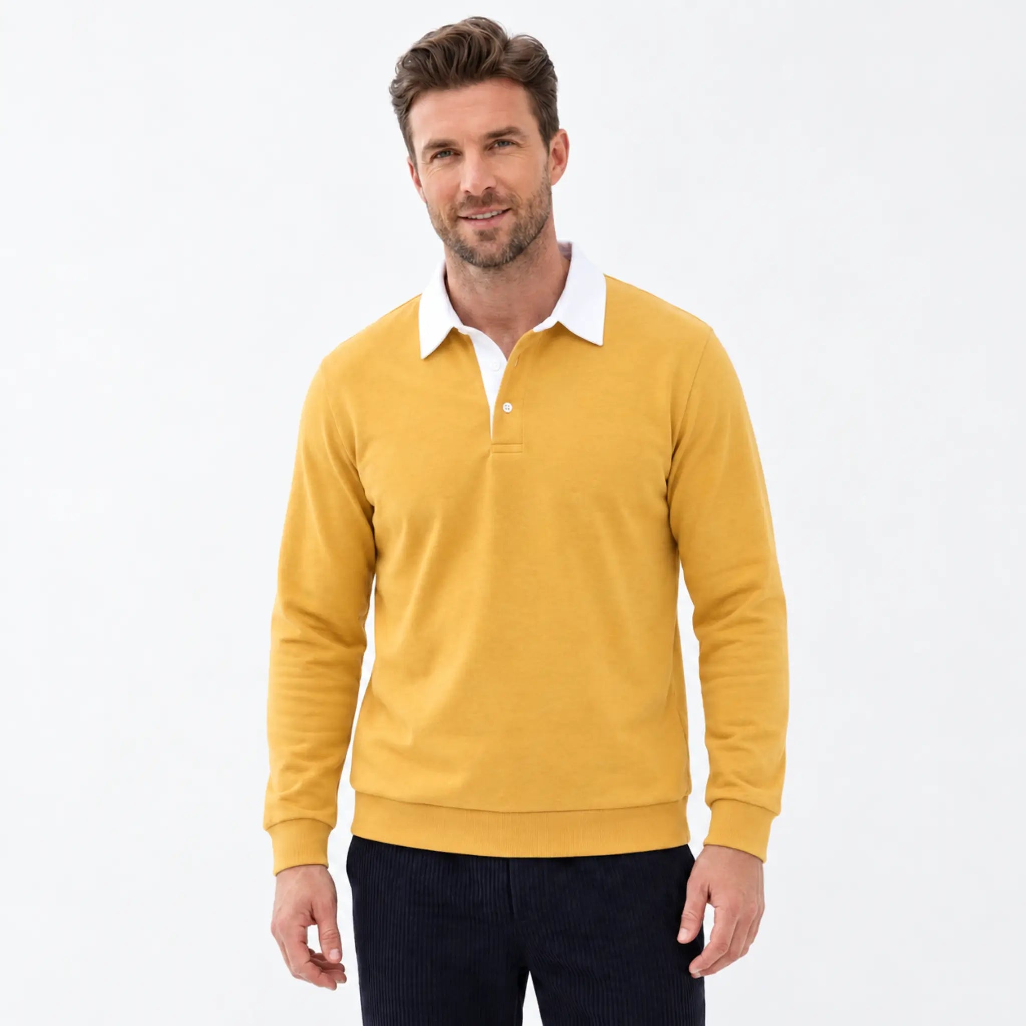 MannerCo yellow polo collar hoodie loose fit white collar button closure worn by male model