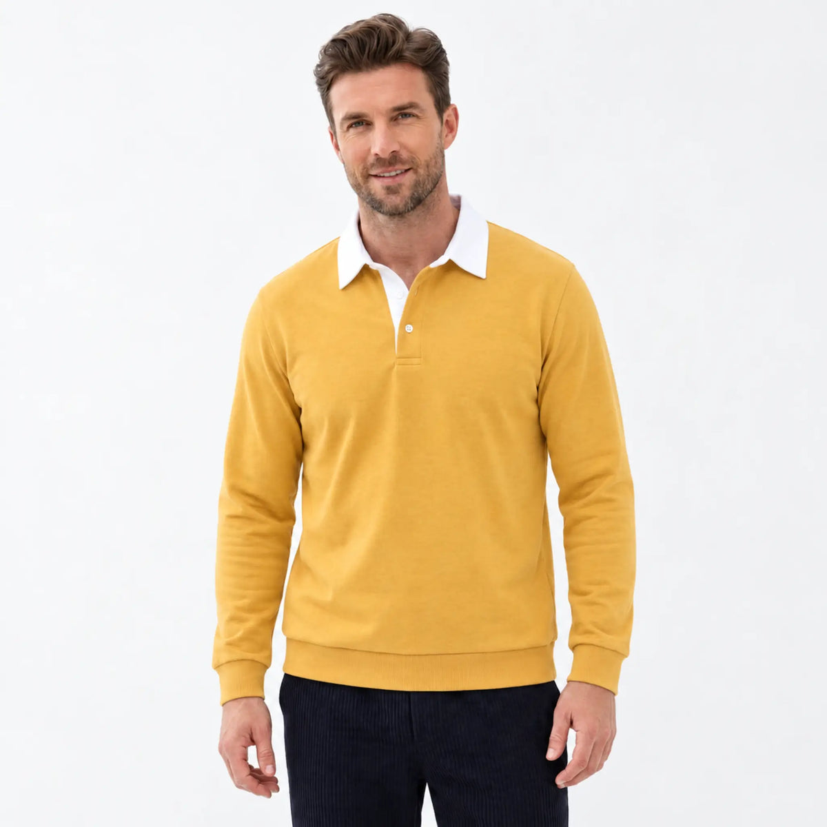 MannerCo yellow polo collar hoodie loose fit white collar button closure worn by male model