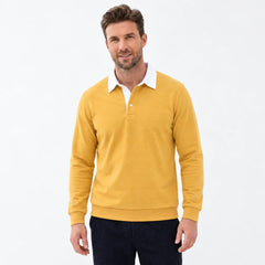 MannerCo yellow polo collar hoodie loose fit white collar button closure worn by male model
