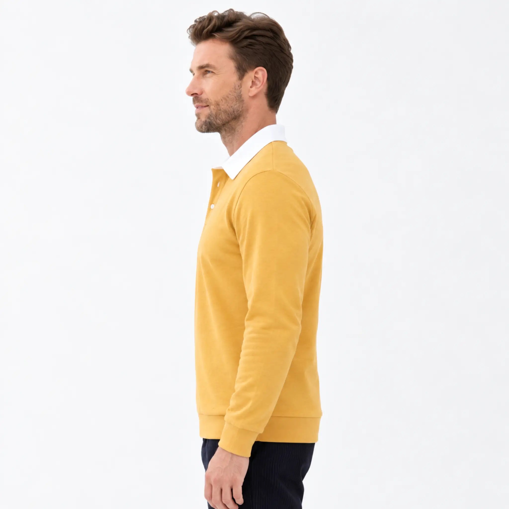 MannerCo yellow polo collar hoodie side view with white collar detail and loose fit