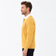 MannerCo yellow polo collar hoodie side view with white collar detail and loose fit