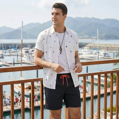 Palm Tree Anchor Sailboat Print Button Up Shirt & Swim Shorts - 2 Piece Summer Outfit