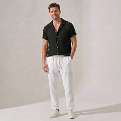Textured Jacquard Cuban Shirt & Straight Leg Linen Pants - 2 Piece Summer Outfit