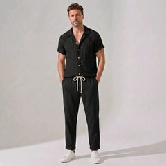 Textured Jacquard Cuban Shirt & Straight Leg Linen Pants - 2 Piece Summer Outfit